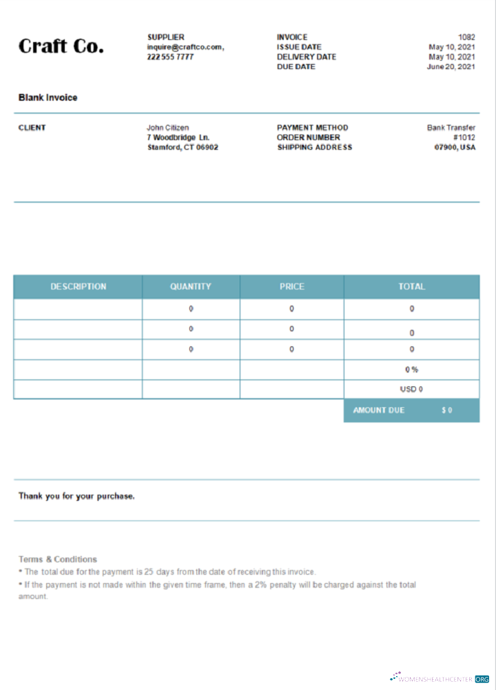 Download USA Craft Co. invoice Photoshop template